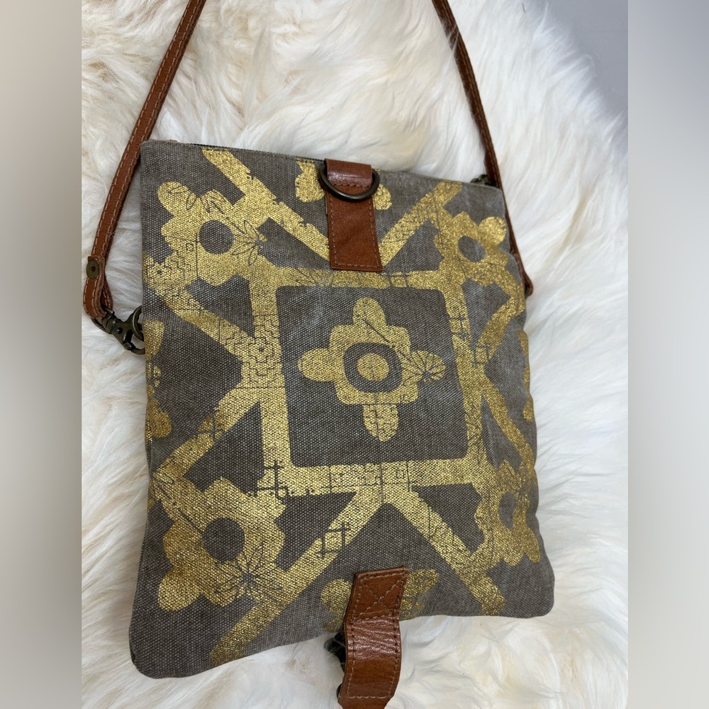 Mona B. Up cycled Coated Canvas Crossbody w Vegan Leather Metallic Gold Design - Picture 8 of 17